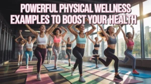 Women participating in a vibrant group fitness class indoors, showcasing physical wellness through energetic exercise and joyful movement.