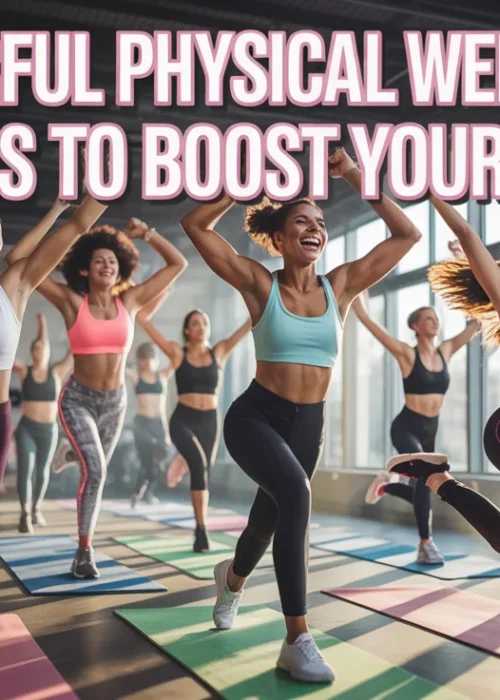 Women participating in a vibrant group fitness class indoors, showcasing physical wellness through energetic exercise and joyful movement.