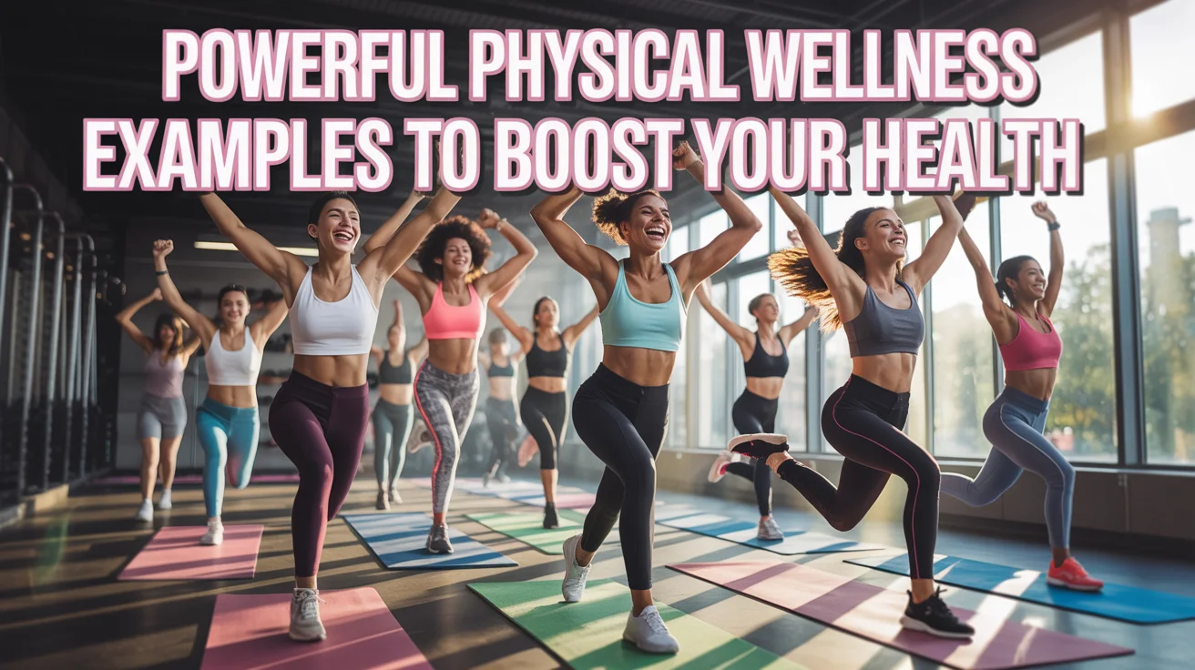 Women participating in a vibrant group fitness class indoors, showcasing physical wellness through energetic exercise and joyful movement.