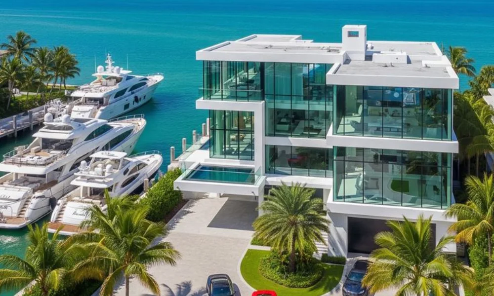 Modern glass mansion by the ocean with luxury yachts