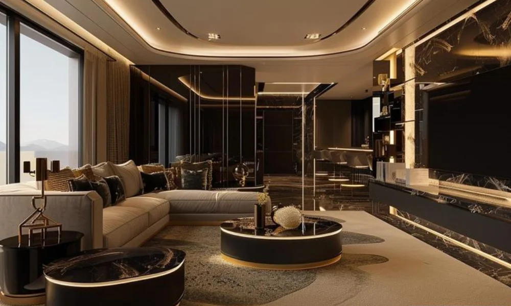 Luxurious living room with sleek black and gold accents
