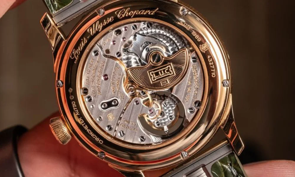 Close-up of a luxury watch back, showcasing intricate gold