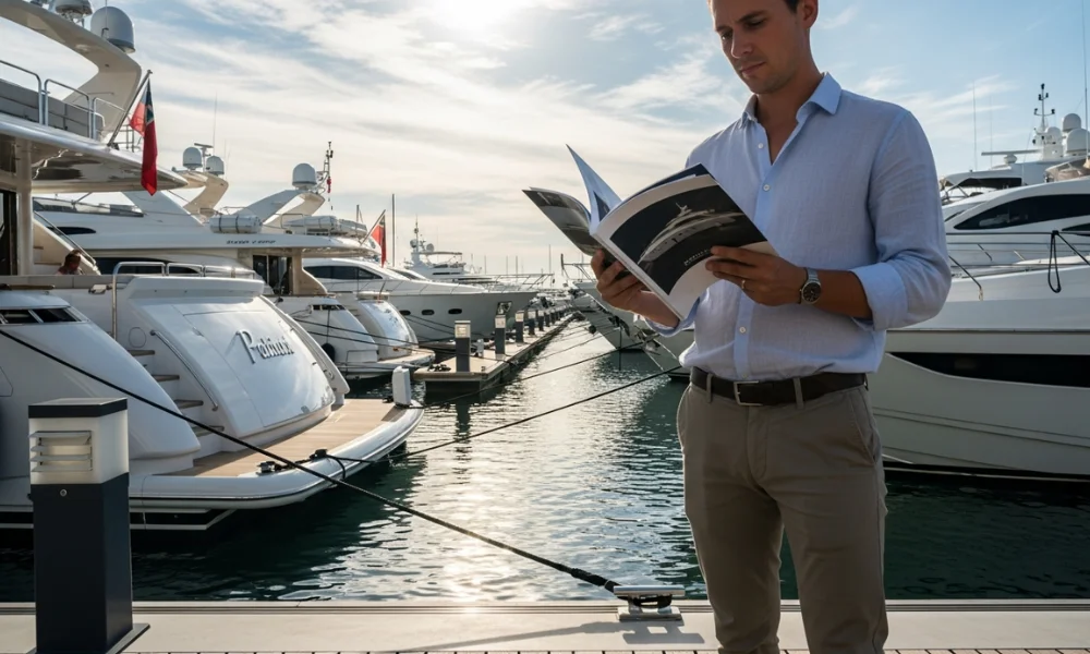 A man in a light blue shirt and khaki pants reads a magazine