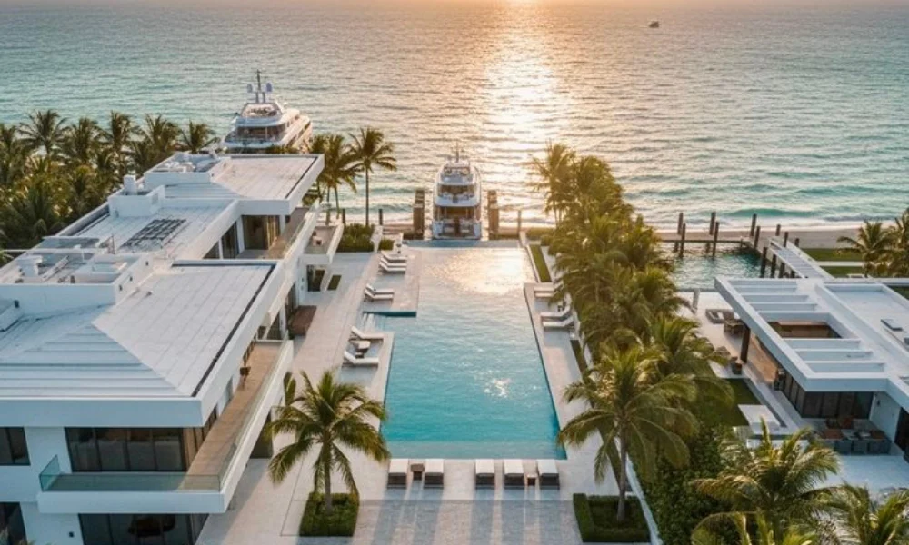 Luxurious beachfront mansion with a large central pool-luxury real estate investment