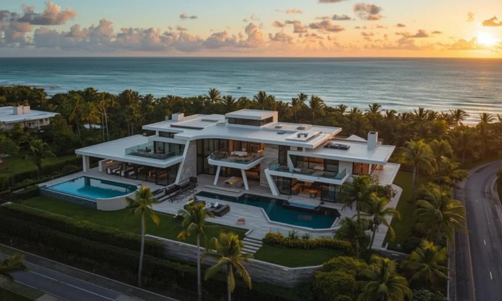 Modern beachfront mansion at sunset