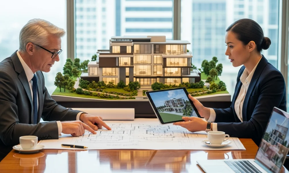 discuss architectural plans at a table-luxury real estate trends