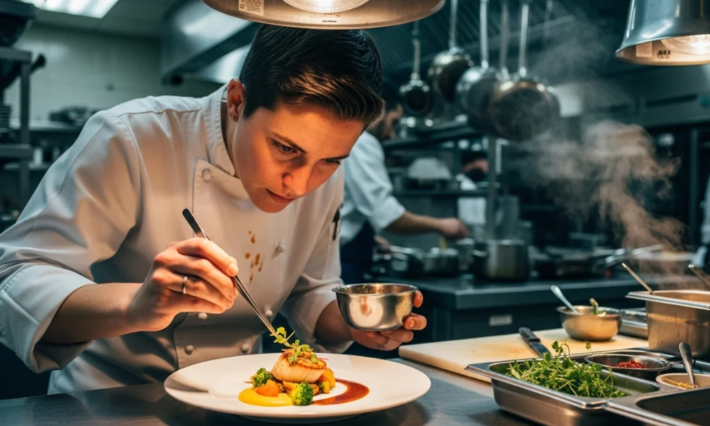 Chef in a busy kitchen carefully garnishing a dish