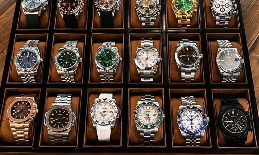 sixteen luxury watches displayed