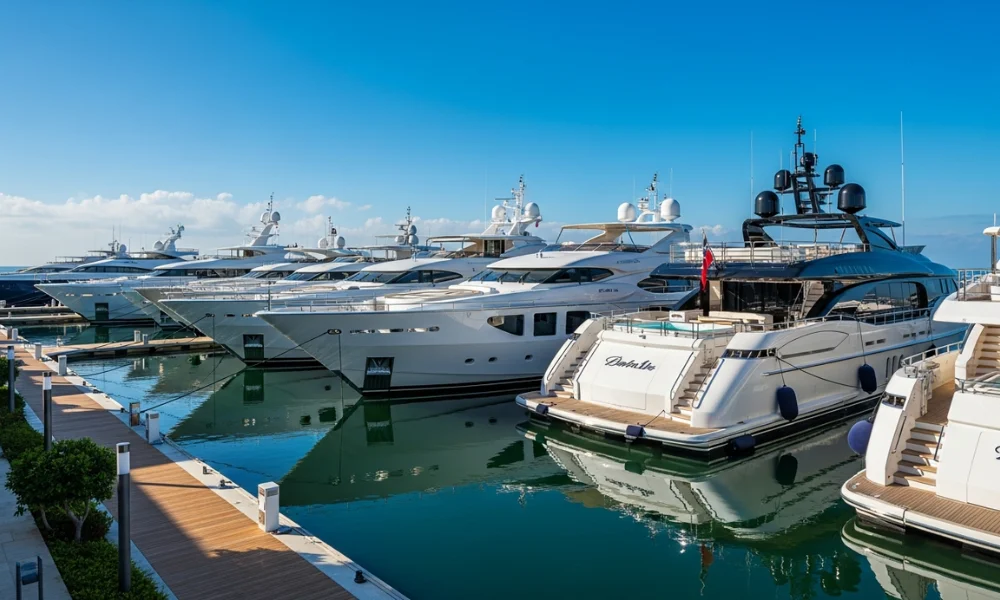 Luxury yachts are docked in a serene marina