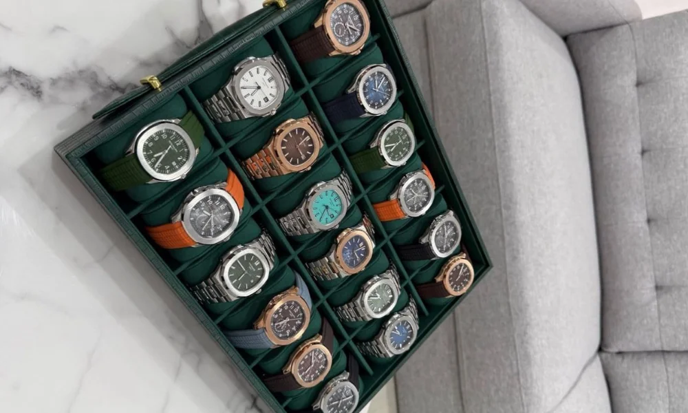 A display case with 20 luxury watches