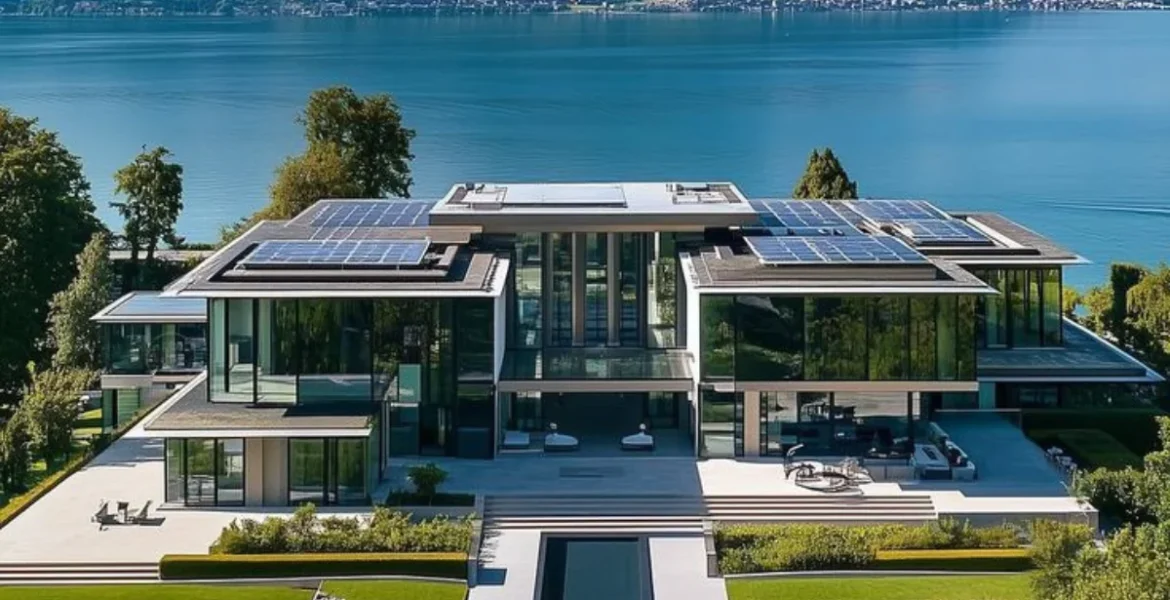 A modern, glass-fronted mansion with solar panels